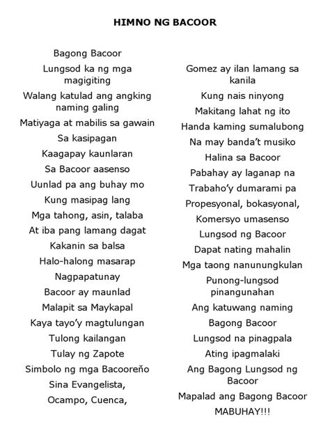 bucor hymn lyrics|HIMNO NG BACOOR Lyrics .